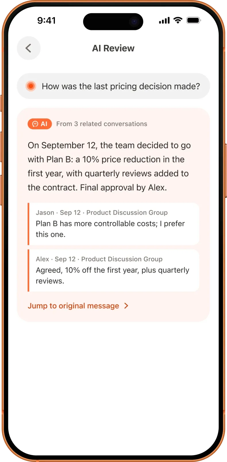 AI recall: finding a pricing decision in past conversations