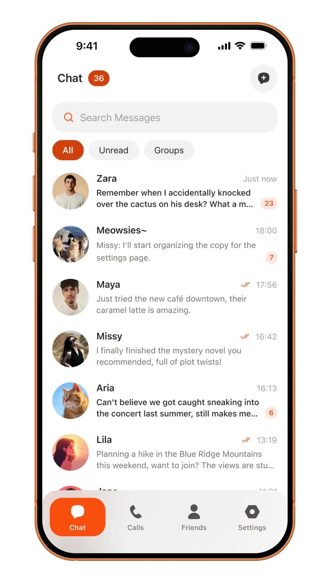 Link Pro chat screen: conversation list, search and group filters